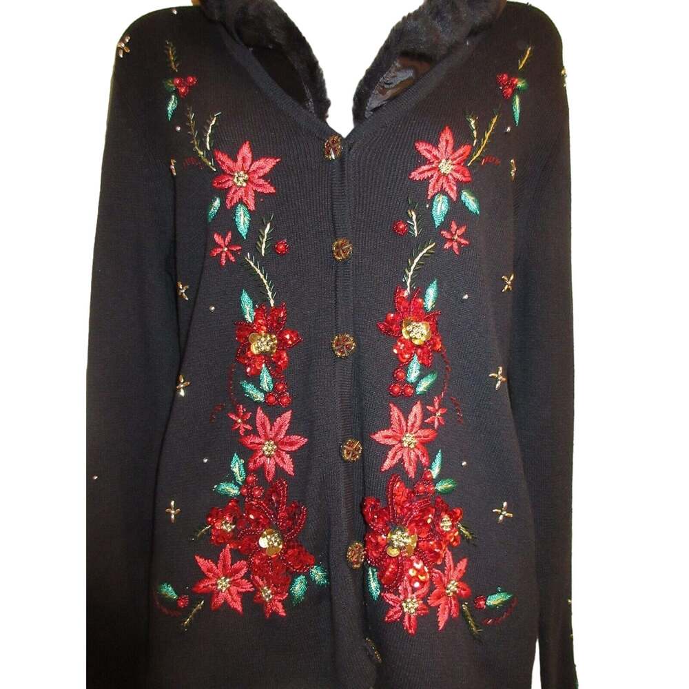 K.I.K.I.T Maurice Sasson M Holiday Christmas Sweater Jacket Sequin Beaded Red